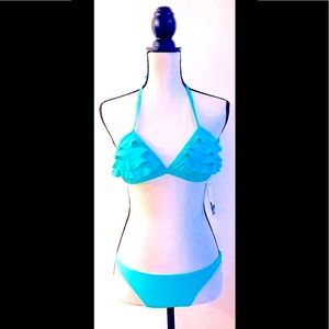 Turquoise Ruffle Bikini Swimsuit: Layered Ruffled Triangle Top, Sz. XS-NWT